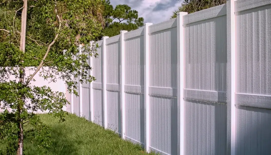 Freshly painted white vinyl fence with clean vertical panels