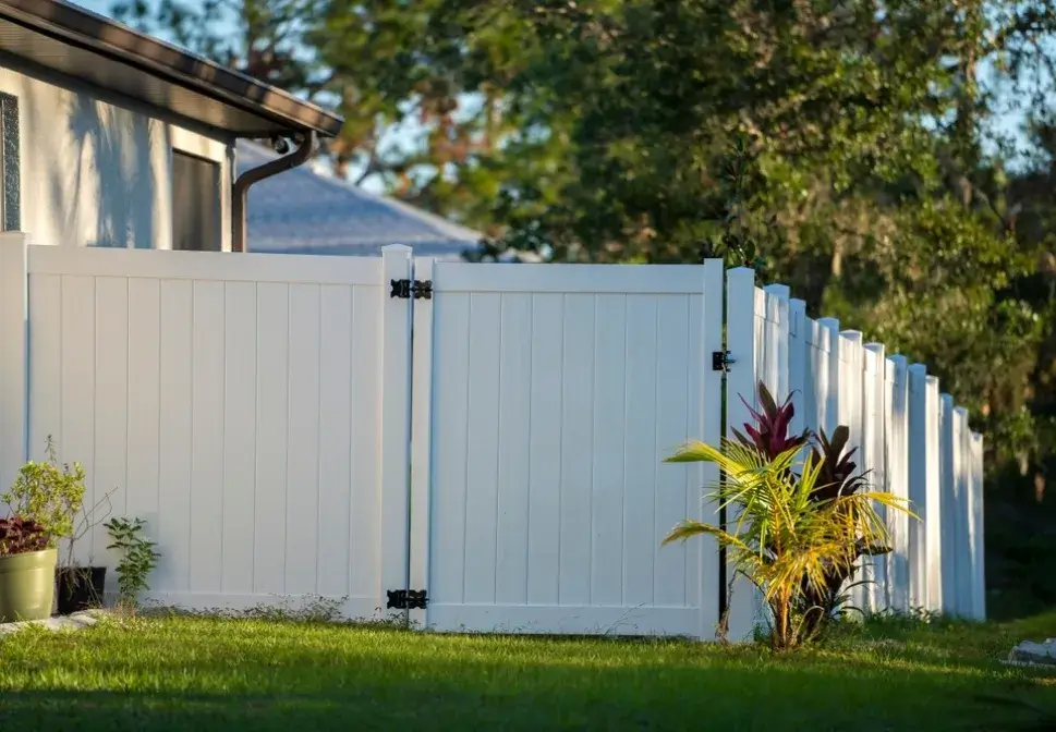 Freshly painted white vinyl backyard fence with garden plants
